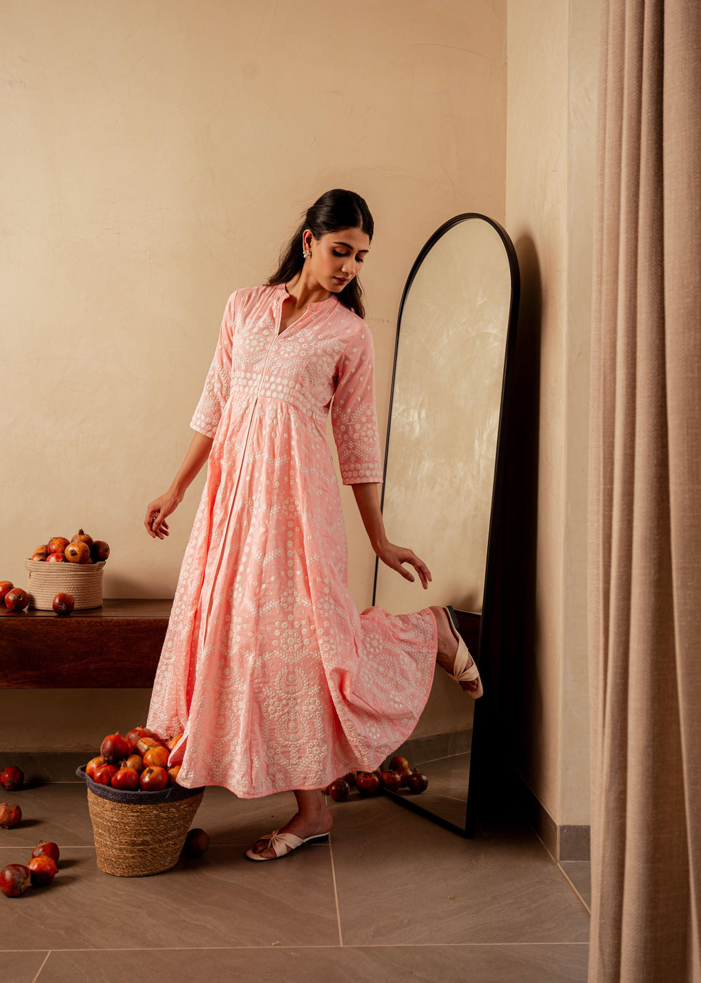 Juniper Peach Solid Panelled Long Dress With Thread Work - Distacart