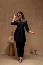 Juniper Black Solid Viscose Tunic And Pants Co-Ord Set With Thread Work And Button Detailing - Distacart