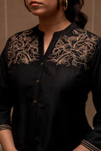Juniper Black Solid Viscose Tunic And Pants Co-Ord Set With Thread Work And Button Detailing - Distacart