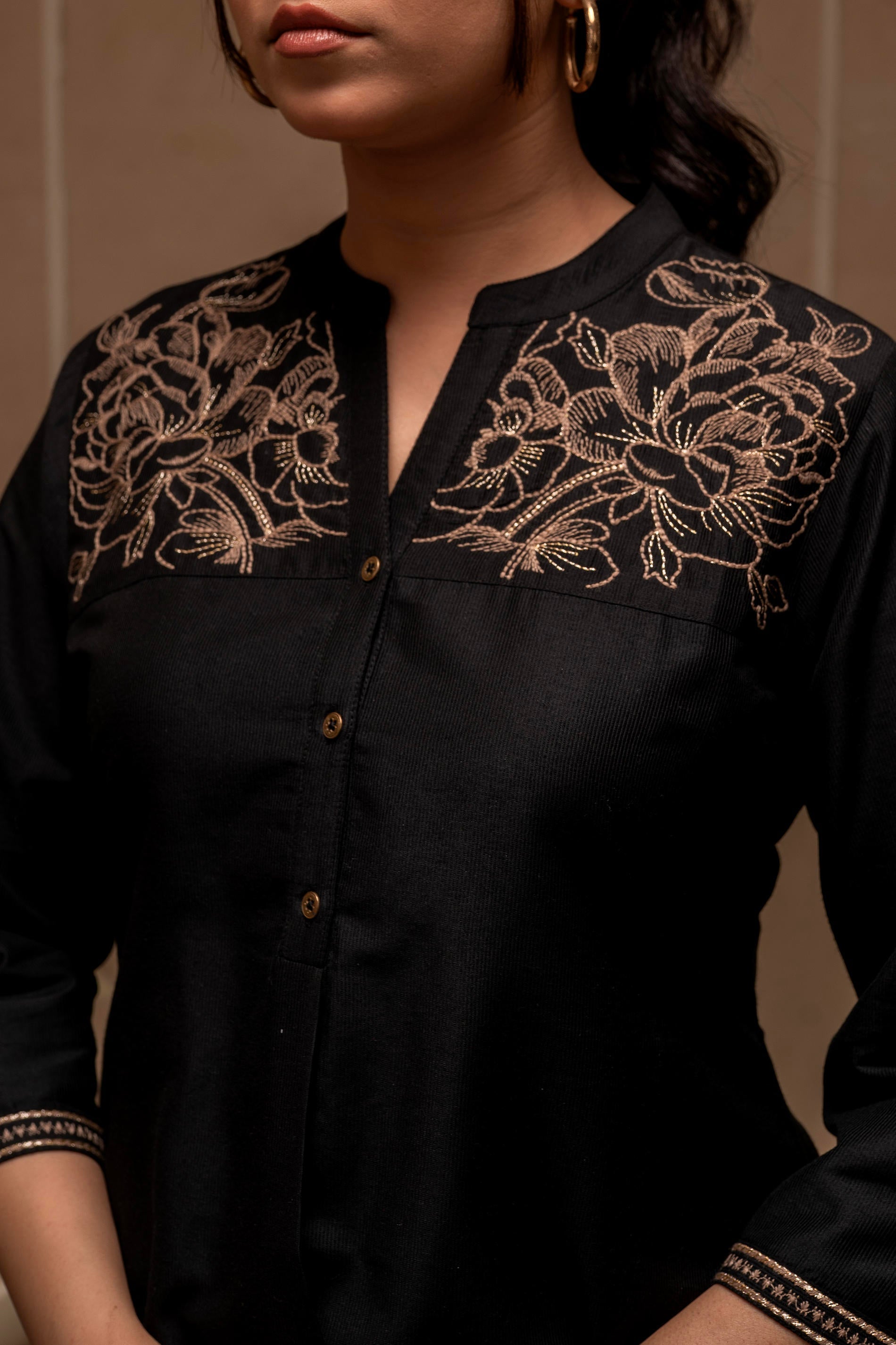 Juniper Black Solid Viscose Tunic And Pants Co-Ord Set With Thread Work And Button Detailing - Distacart