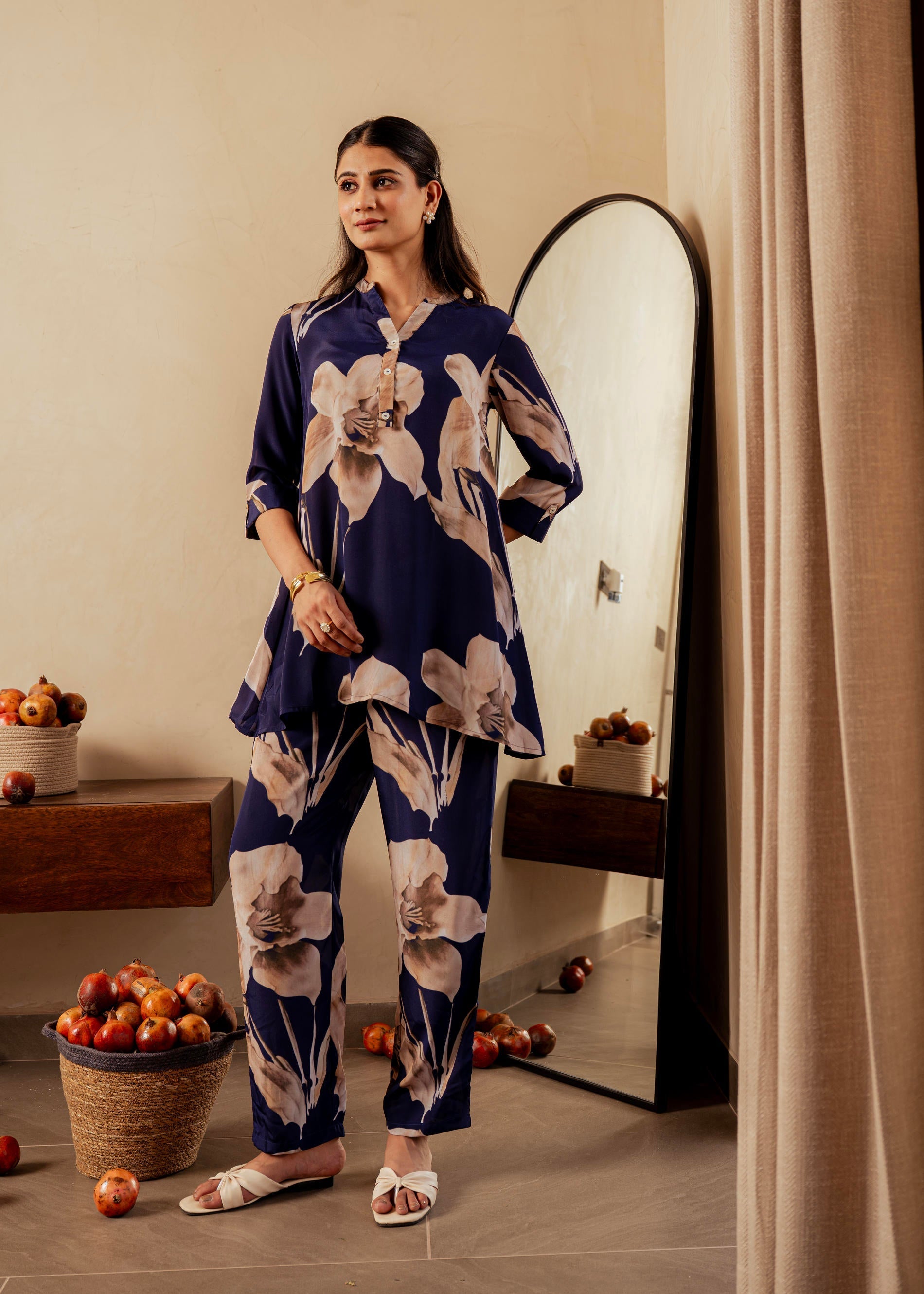 Juniper Navy Floral Printed Poly Tunic And Solid Pants Co-Ord Set With Button Detailing - Distacart