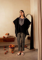 Juniper Black Solid Viscose Kaftan And Pants Co-Ord Set With Mirror And Thread Work - Distacart