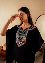 Juniper Black Solid Viscose Kaftan And Pants Co-Ord Set With Mirror And Thread Work - Distacart