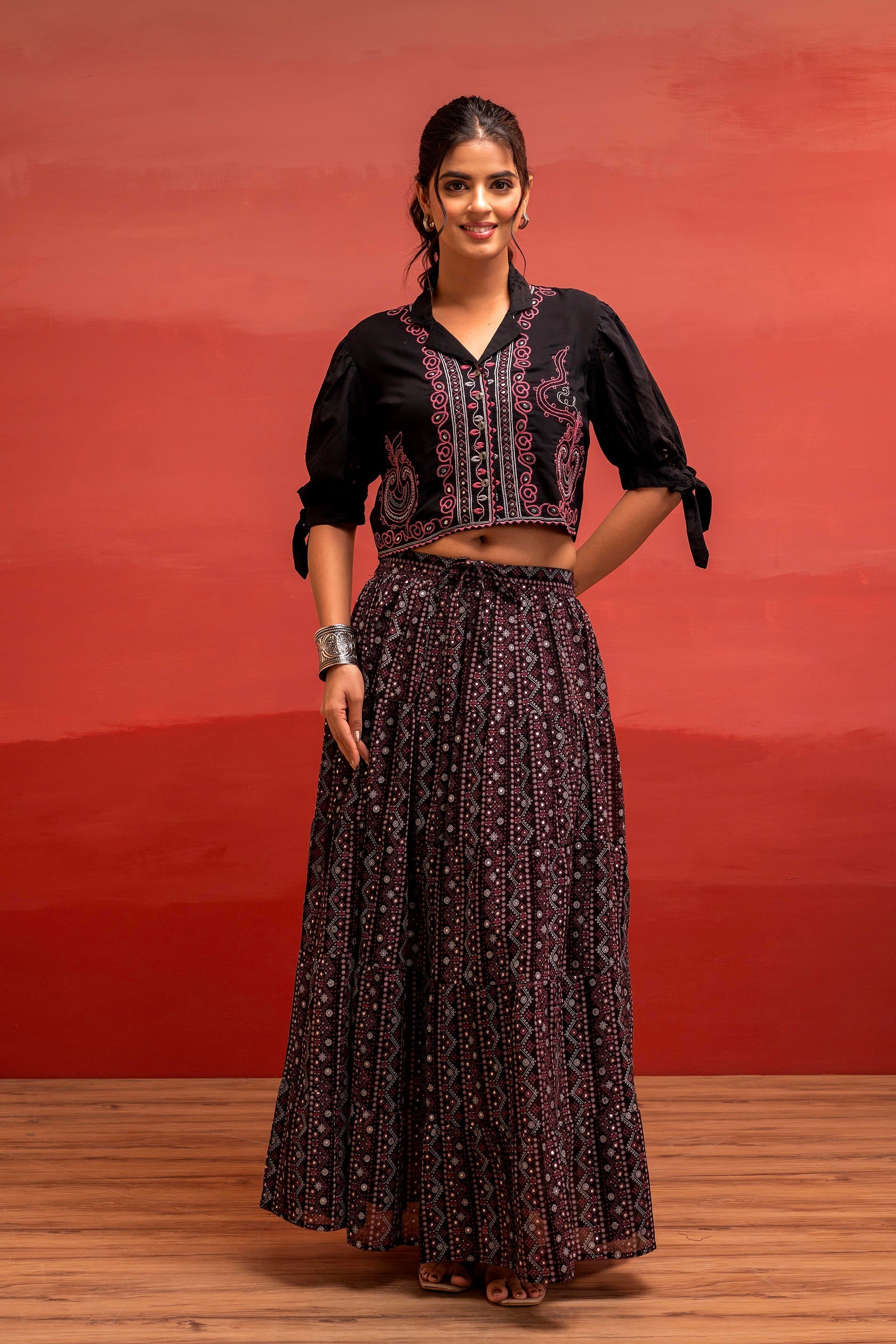 Juniper Black Embroidered Crop Top And Flared Skirt Set With Mirror Work Detailing