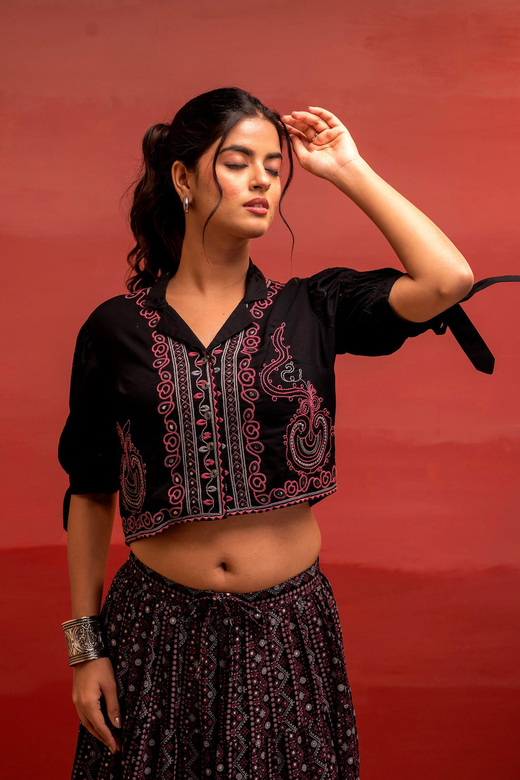 Juniper Black Embroidered Crop Top And Flared Skirt Set With Mirror Work Detailing