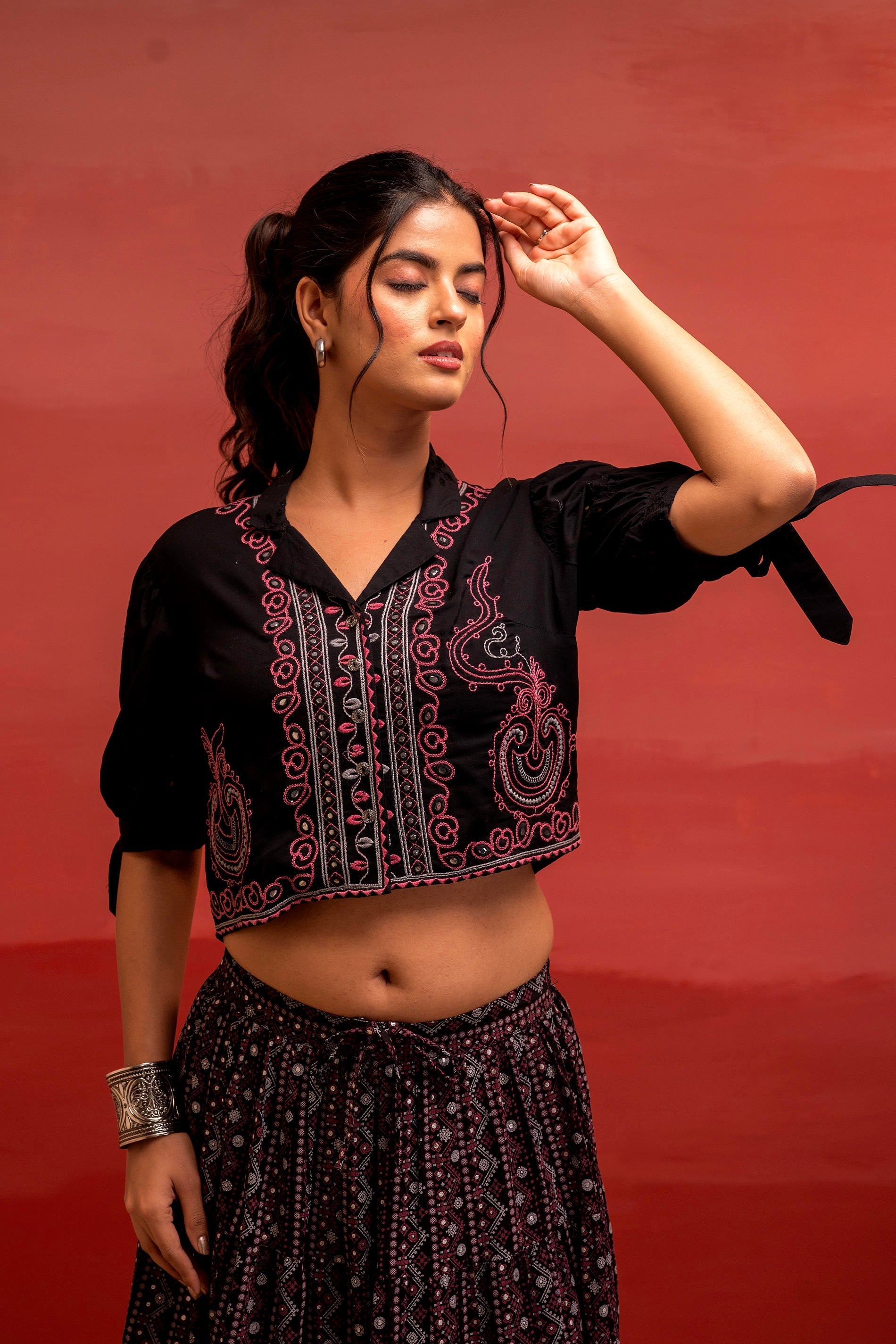 Juniper Black Embroidered Crop Top And Flared Skirt Set With Mirror Work Detailing
