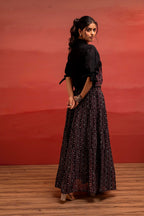 Juniper Black Embroidered Crop Top And Flared Skirt Set With Mirror Work Detailing