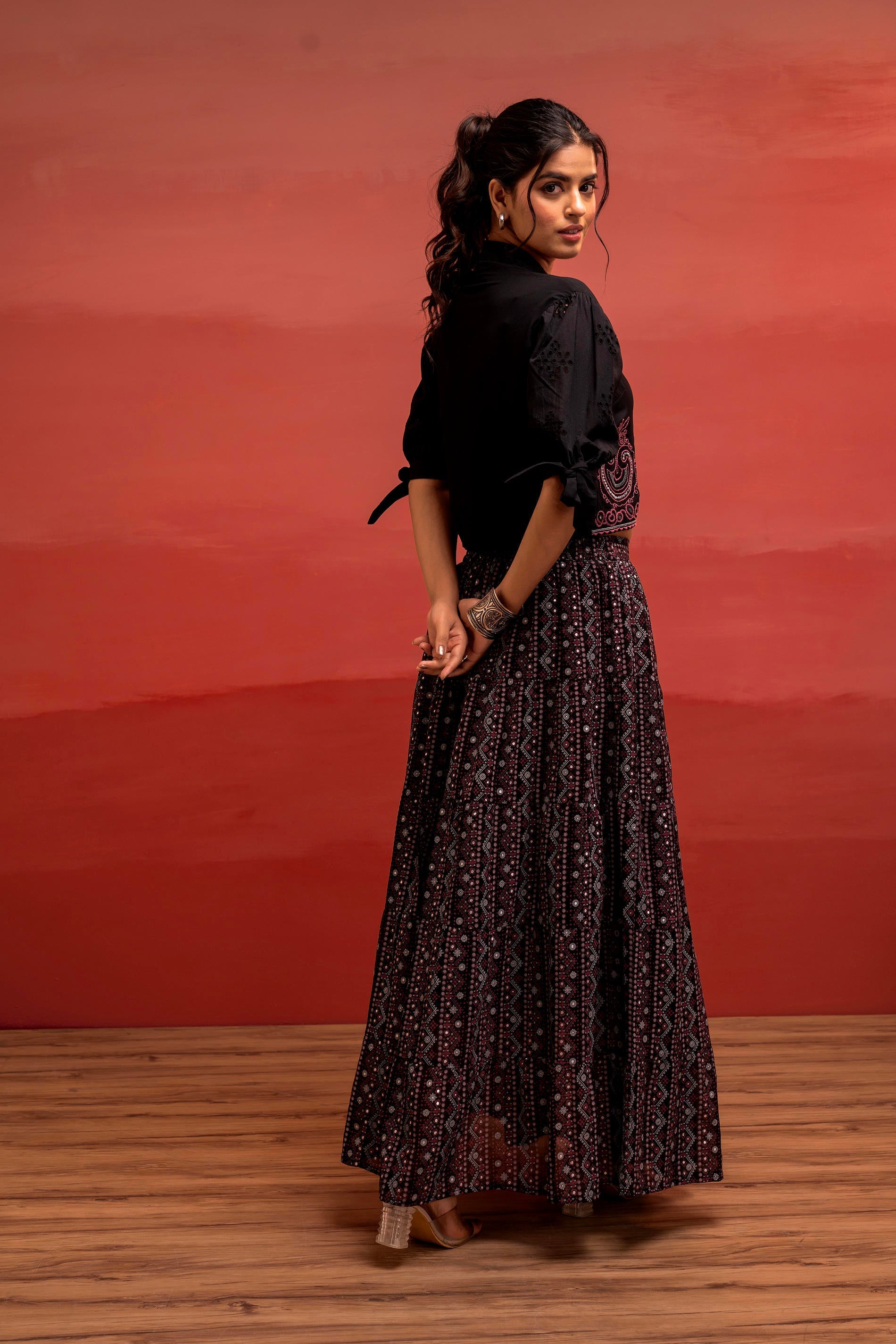 Juniper Black Embroidered Crop Top And Flared Skirt Set With Mirror Work Detailing