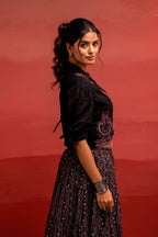 Juniper Black Embroidered Crop Top And Flared Skirt Set With Mirror Work Detailing