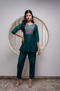 Juniper Bottle Green Solid Viscose Gathered Tunic And Pants Co-Ord Set With Thread Work - Distacart