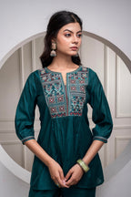 Juniper Bottlegreen Solid Viscose Gathered Tunic And Pants Co-Ord Set With Thread Work - Distacart