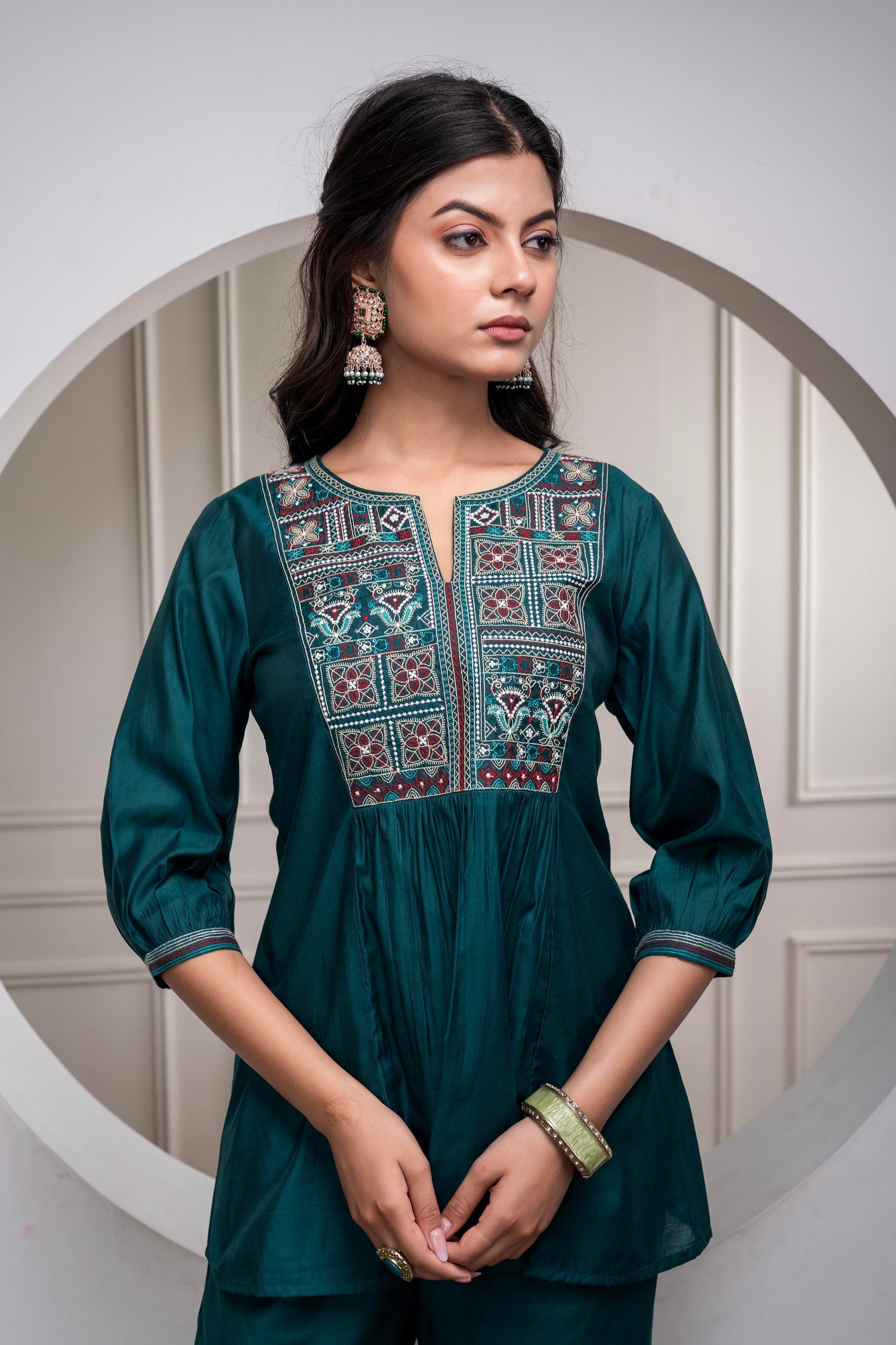 Juniper Bottlegreen Solid Viscose Gathered Tunic And Pants Co-Ord Set With Thread Work - Distacart