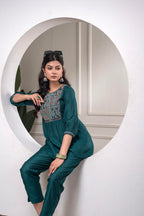 Juniper Bottlegreen Solid Viscose Gathered Tunic And Pants Co-Ord Set With Thread Work - Distacart