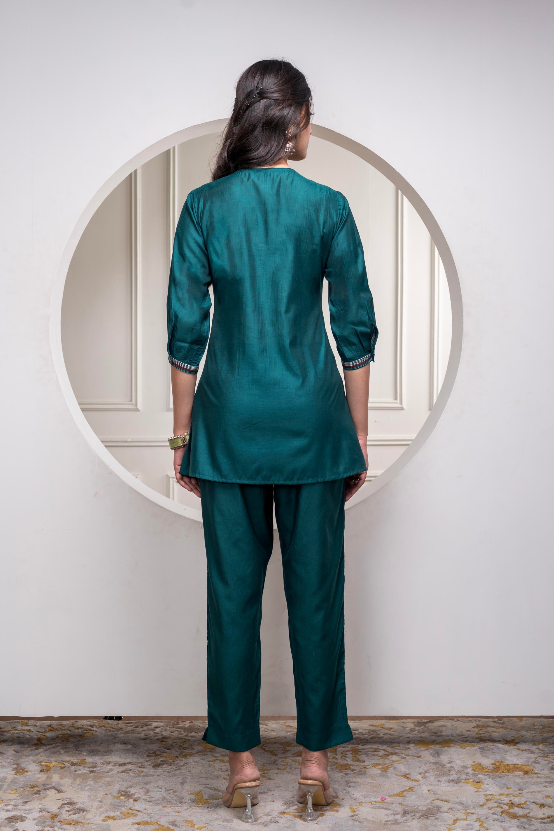 Juniper Bottlegreen Solid Viscose Gathered Tunic And Pants Co-Ord Set With Thread Work - Distacart