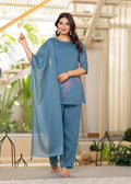 Juniper Blue Solid Man Made Fiber Kurta Pant Dupatta Set With Beads And Telesales Work - Distacart