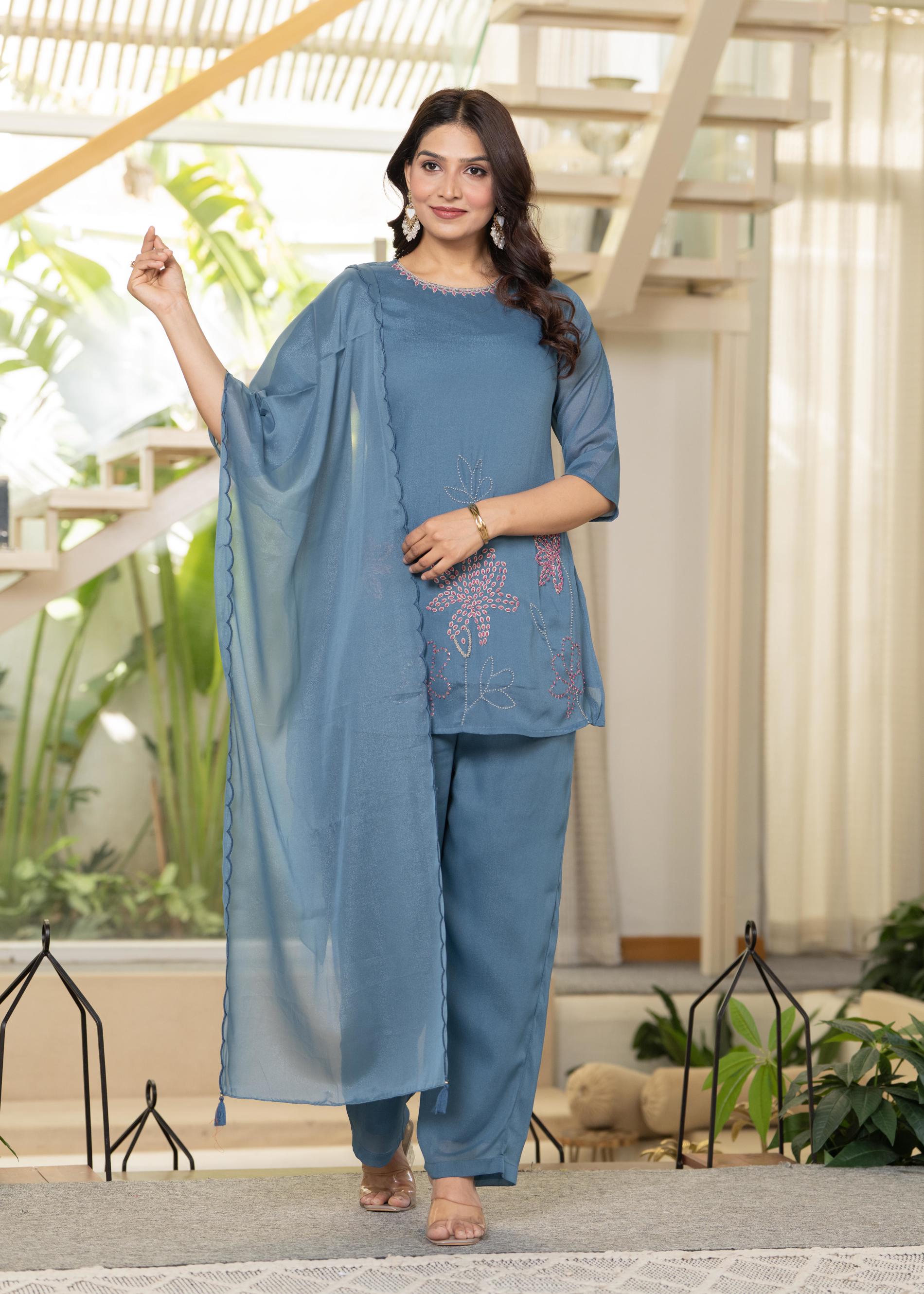 Juniper Blue Solid Man Made Fiber Kurta Pant Dupatta Set With Beads And Telesales Work - Distacart