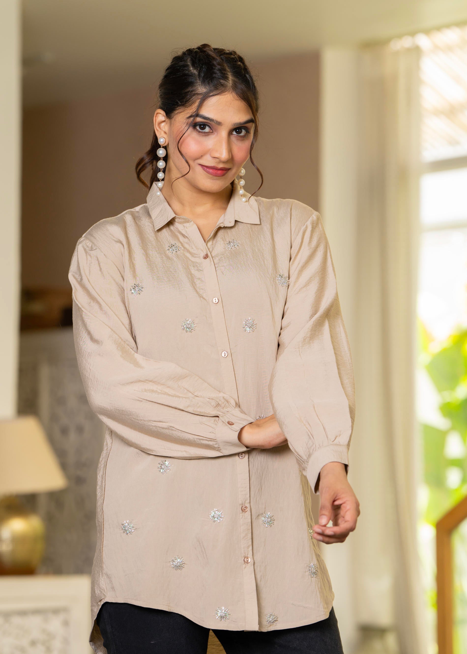Juniper Ivory Solid Viscose Shirt With Beads And Sequence Work - Distacart