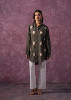 Juniper Olive Green Embellished Shirt Tunic With Beaded Eye Motifs - Distacart