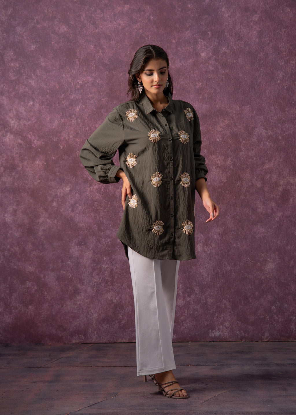 Juniper Olive Green Embellished Shirt Tunic With Beaded Eye Motifs - Distacart