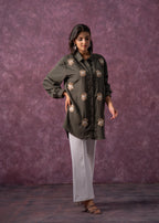 Juniper Olive Green Embellished Shirt Tunic With Beaded Eye Motifs - Distacart