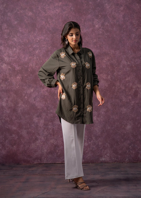 Juniper Olive Green Embellished Shirt Tunic With Beaded Eye Motifs