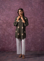 Juniper Olive Green Embellished Shirt Tunic With Beaded Eye Motifs - Distacart