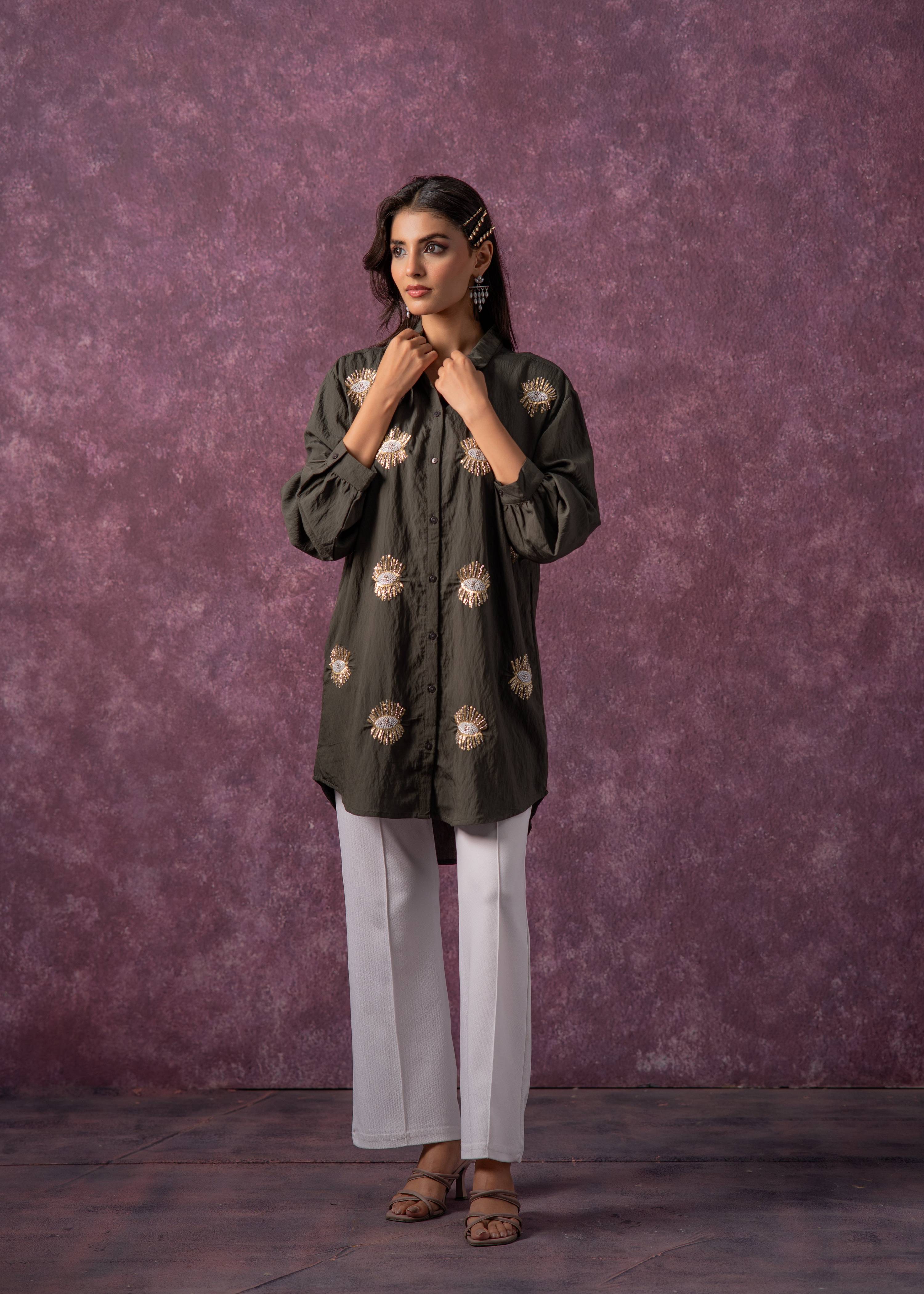 Juniper Olive Green Embellished Shirt Tunic With Beaded Eye Motifs - Distacart