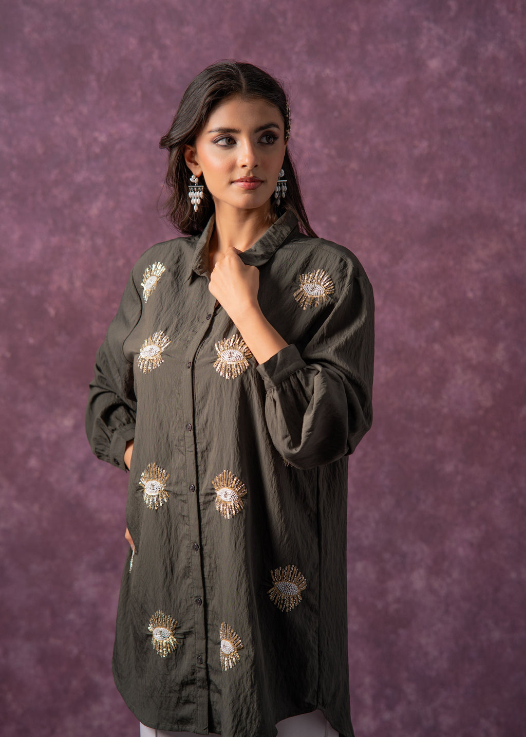 Juniper Olive Green Embellished Shirt Tunic With Beaded Eye Motifs - Distacart