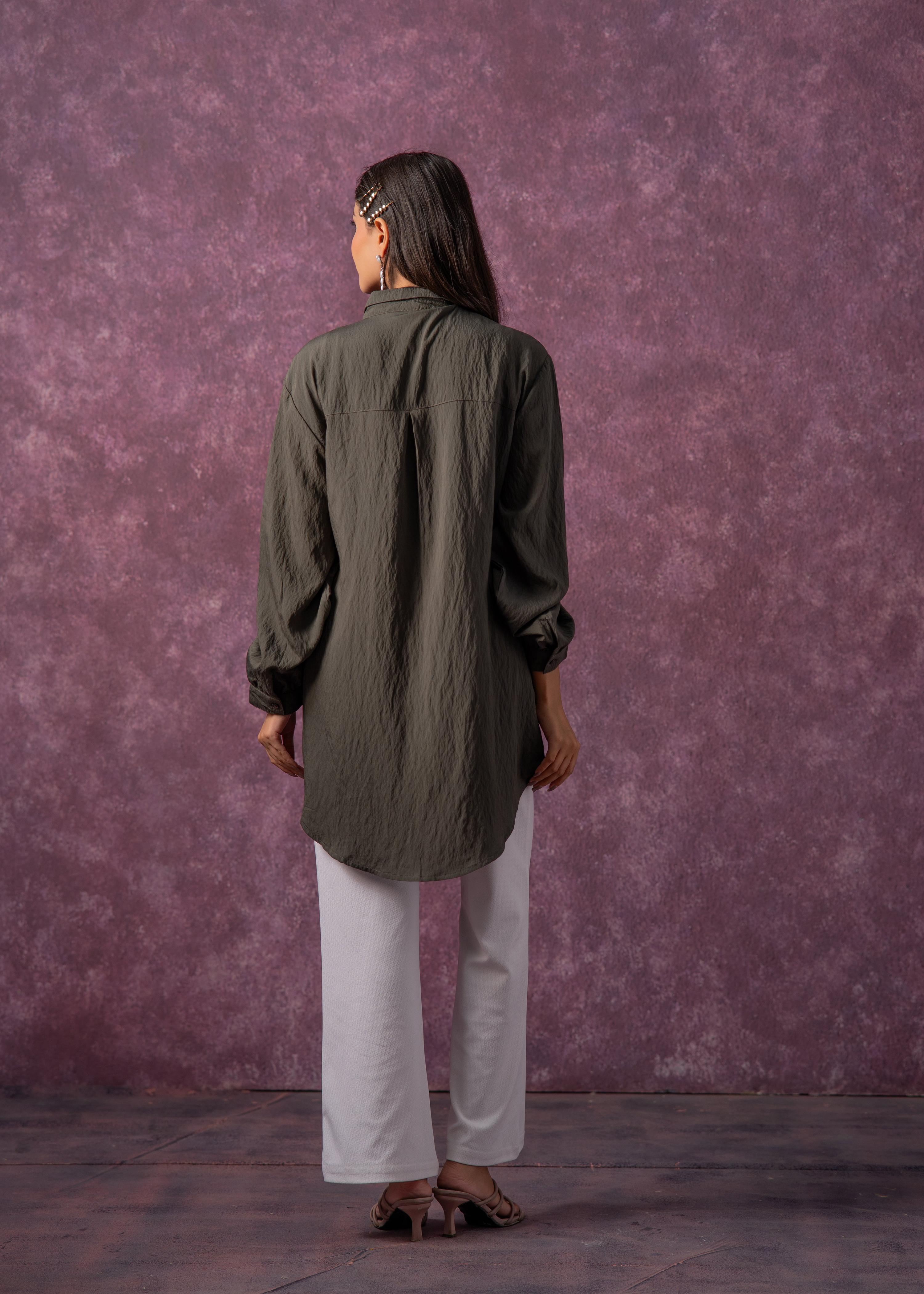 Juniper Olive Green Embellished Shirt Tunic With Beaded Eye Motifs - Distacart