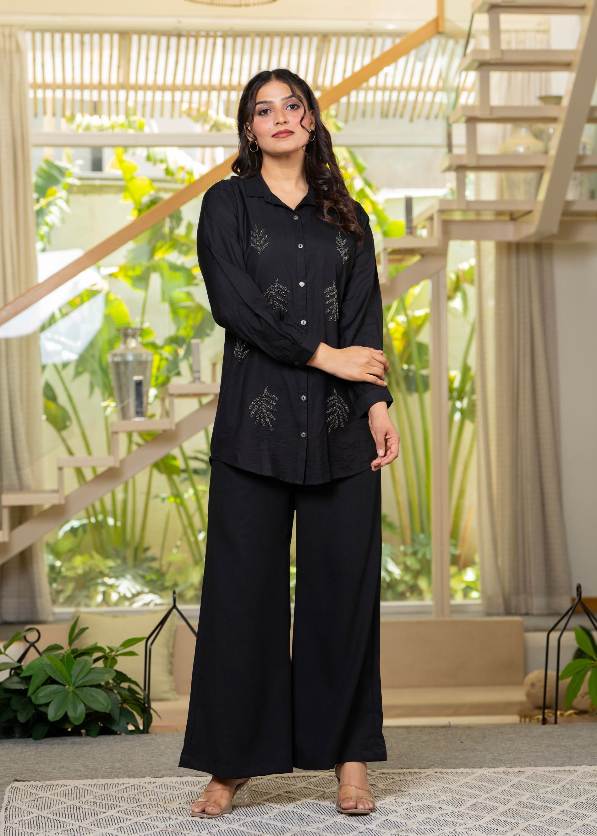 Juniper Black Solid Viscose Shirt With Beads Work - Distacart