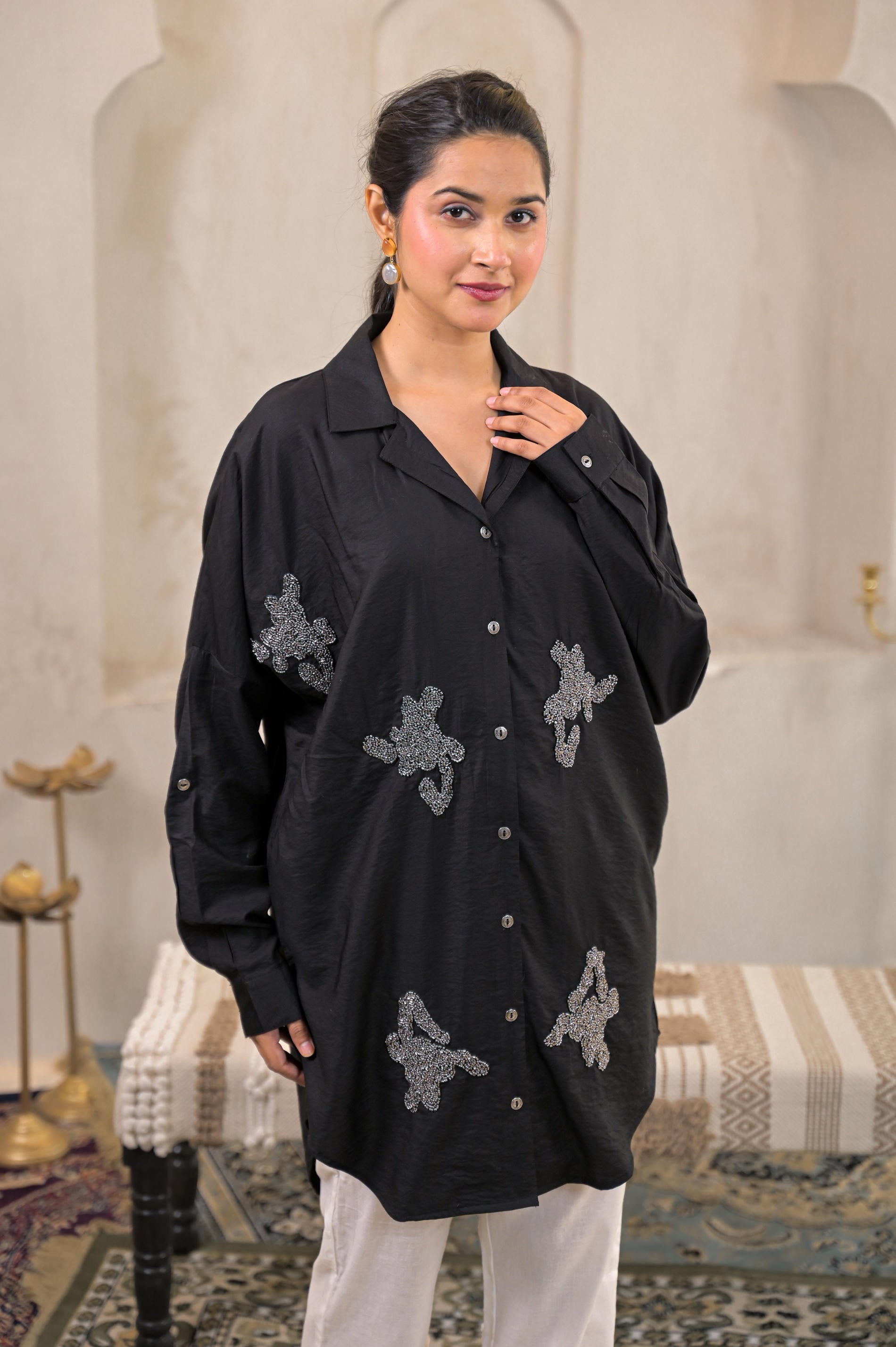 Juniper Black Solid Viscose Shirt With Beads Work - Distacart