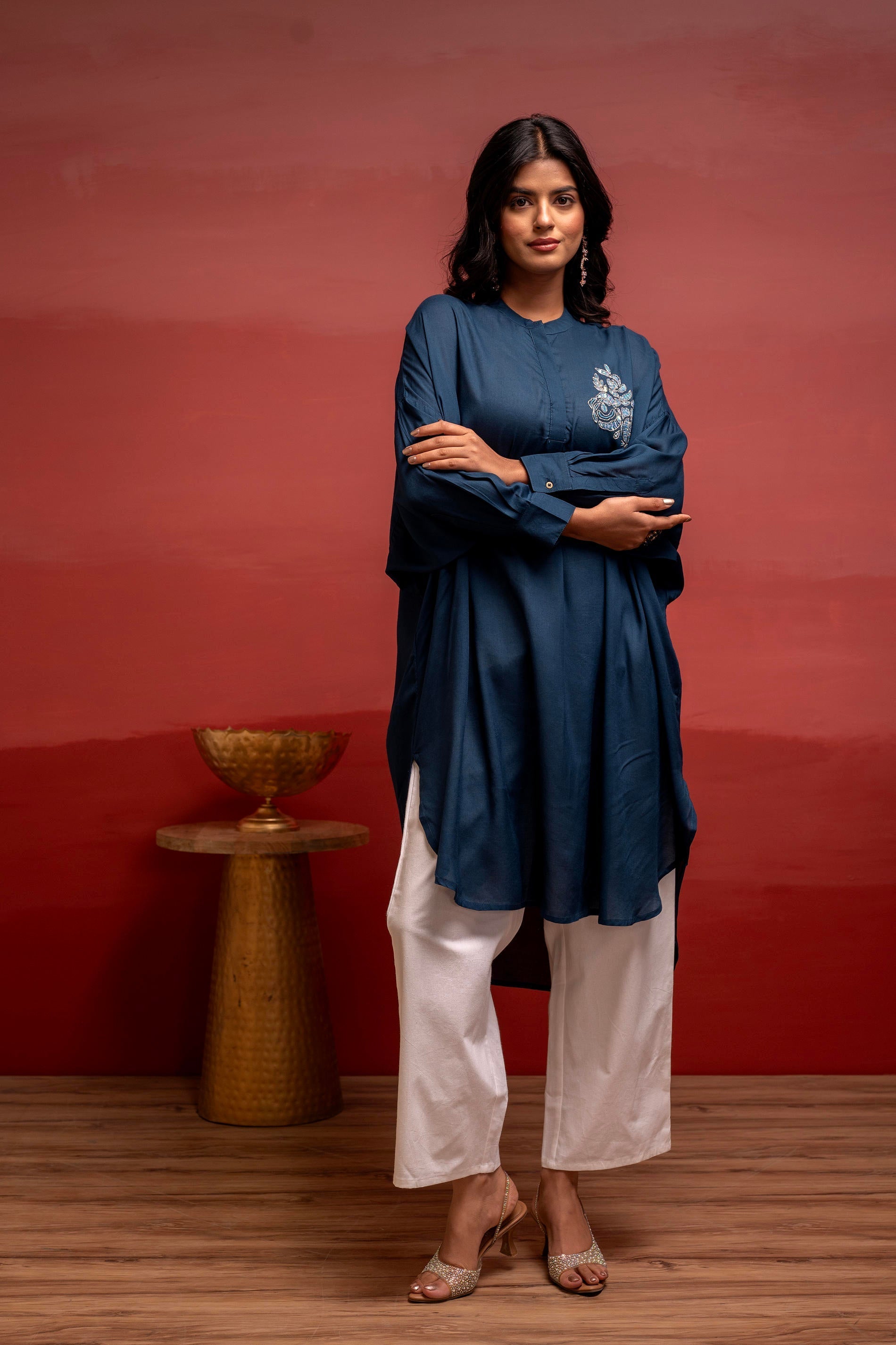 Juniper Viscose Blue Embellished Shirt With Sequin & Bead Details - Distacart