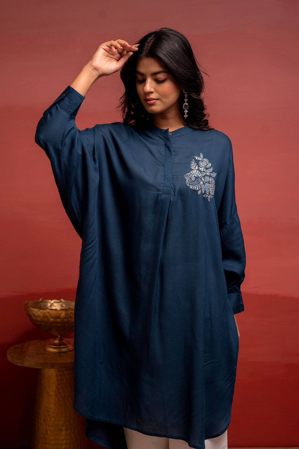 Juniper Viscose Blue Embellished Shirt With Sequin & Bead Details - Distacart