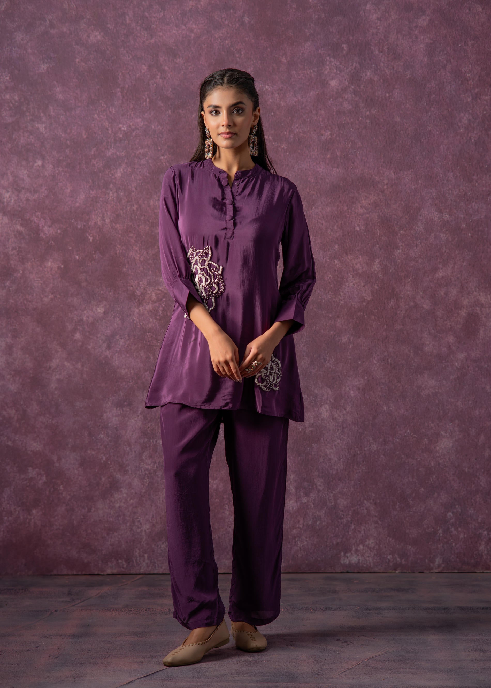 Juniper Viscose Purple Embellished Tunic And Pant Co-Ord Set With Bead Details - Distacart