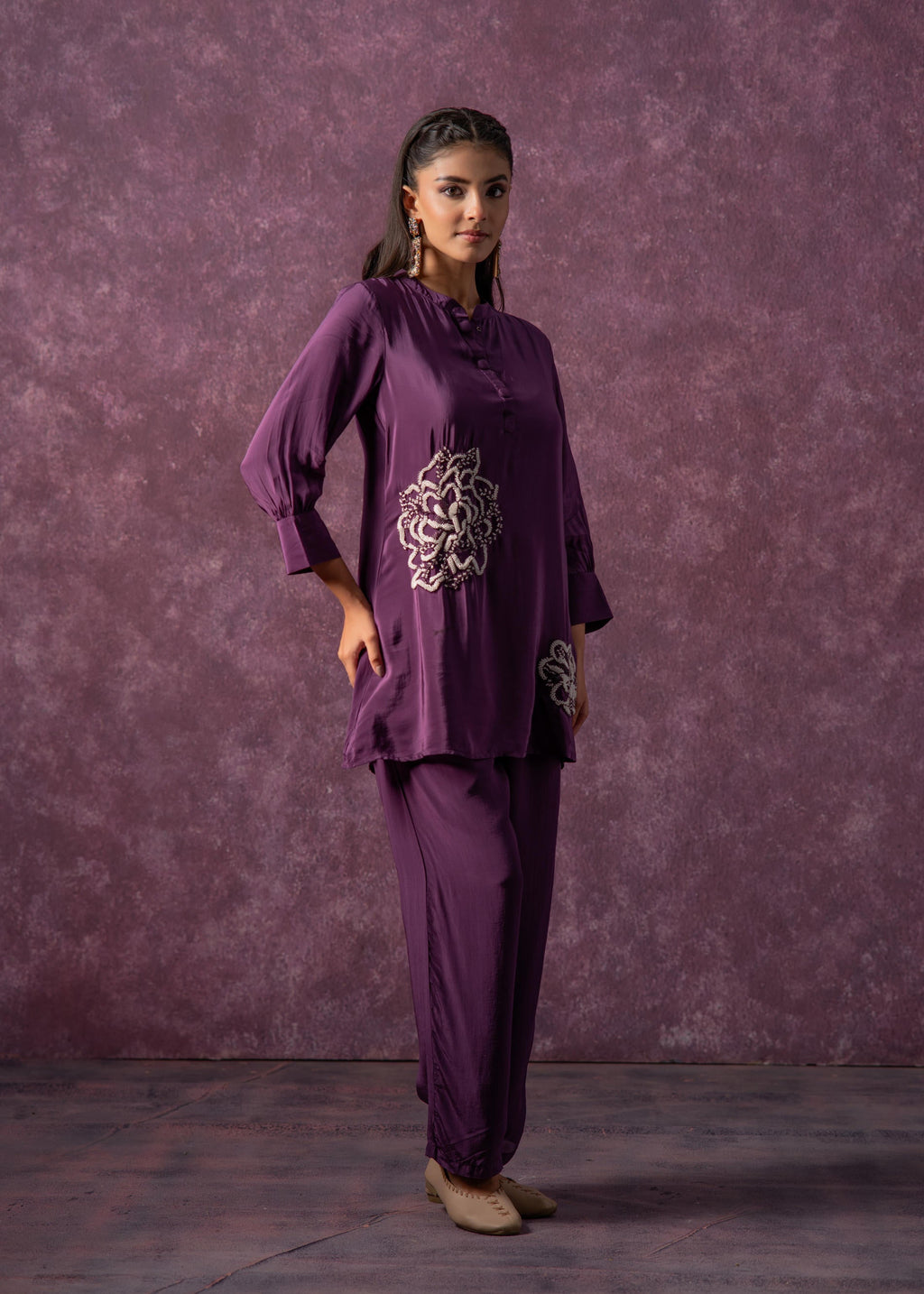 Juniper Viscose Purple Embellished Tunic And Pant Co-Ord Set With Bead Details - Distacart