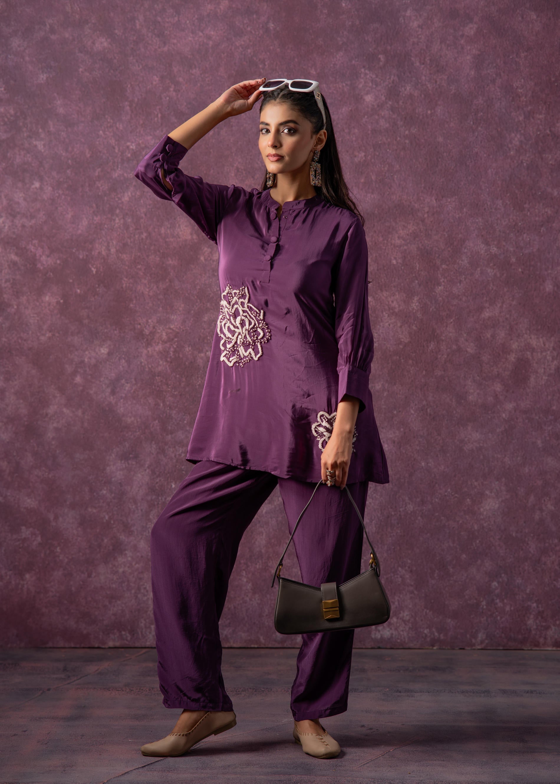 Juniper Viscose Purple Embellished Tunic And Pant Co-Ord Set With Bead Details - Distacart