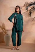 Juniper Bottle Green Embellished Viscose Co-Ord Set With Bead Detailing - Distacart