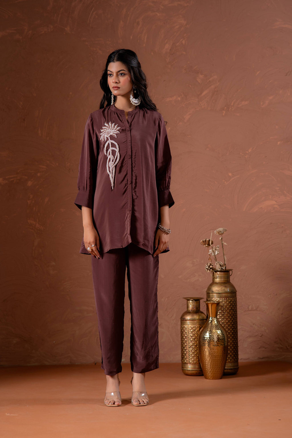 Juniper Coffee Brown Embellished Viscose Co-Ord Set With Bead Detailing - Distacart