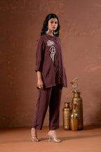 Juniper Coffee Brown Embellished Viscose Co-Ord Set With Bead Detailing - Distacart