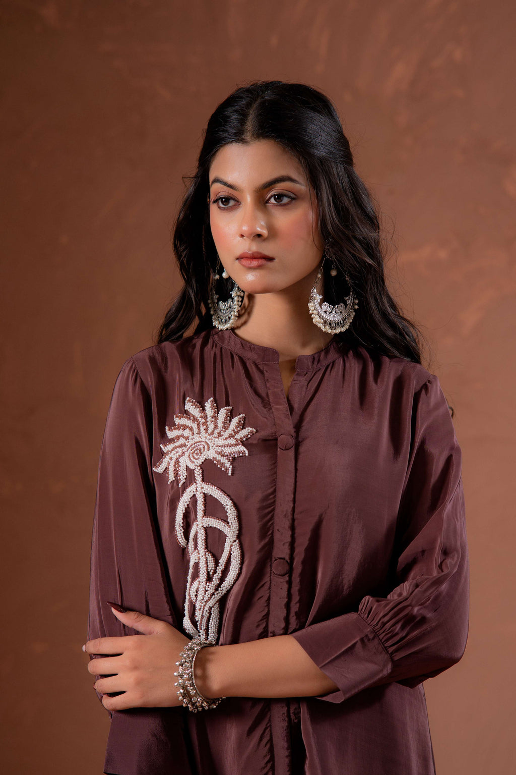 Juniper Coffee Brown Embellished Viscose Co-Ord Set With Bead Detailing - Distacart