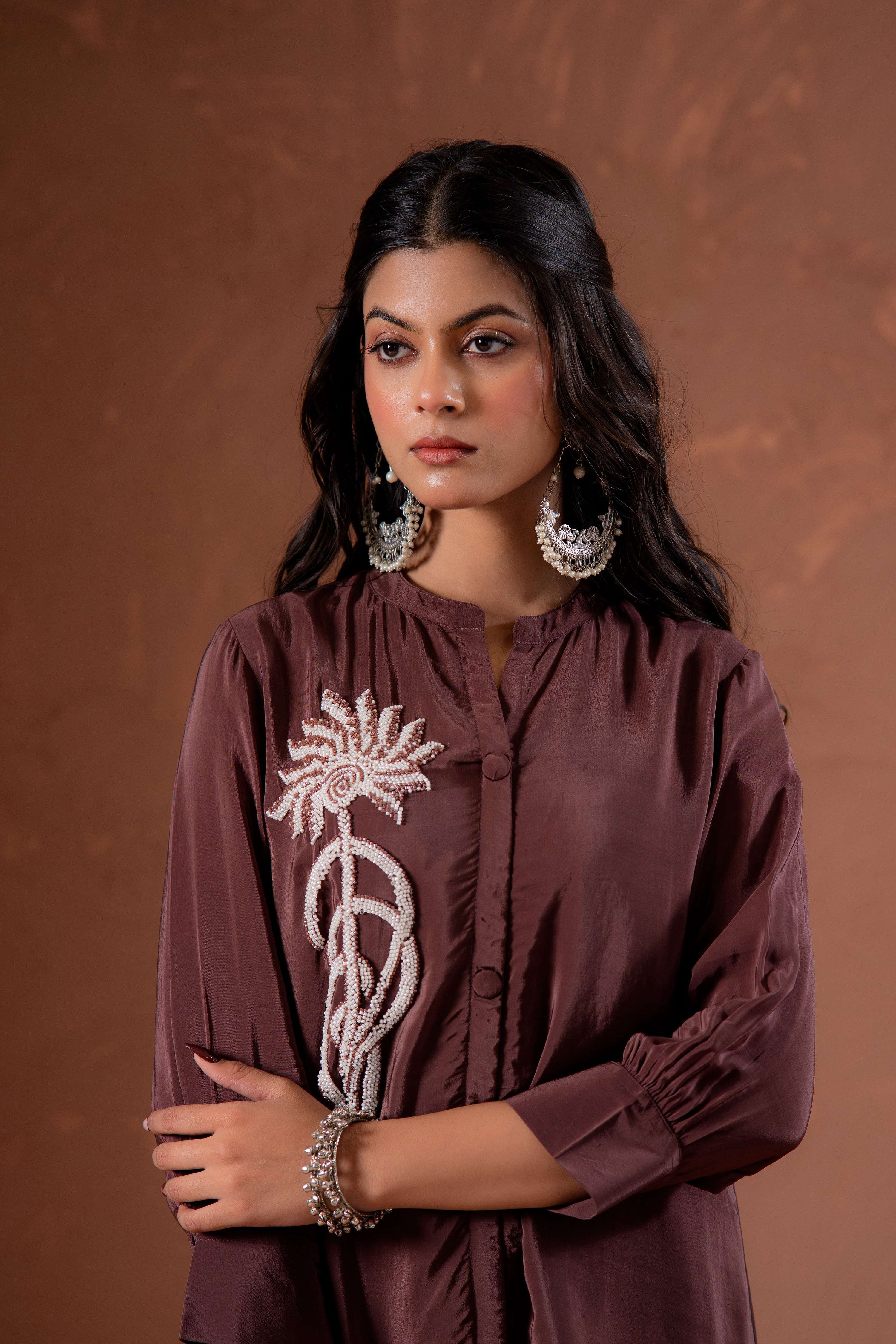Juniper Coffee Brown Embellished Viscose Co-Ord Set With Bead Detailing - Distacart