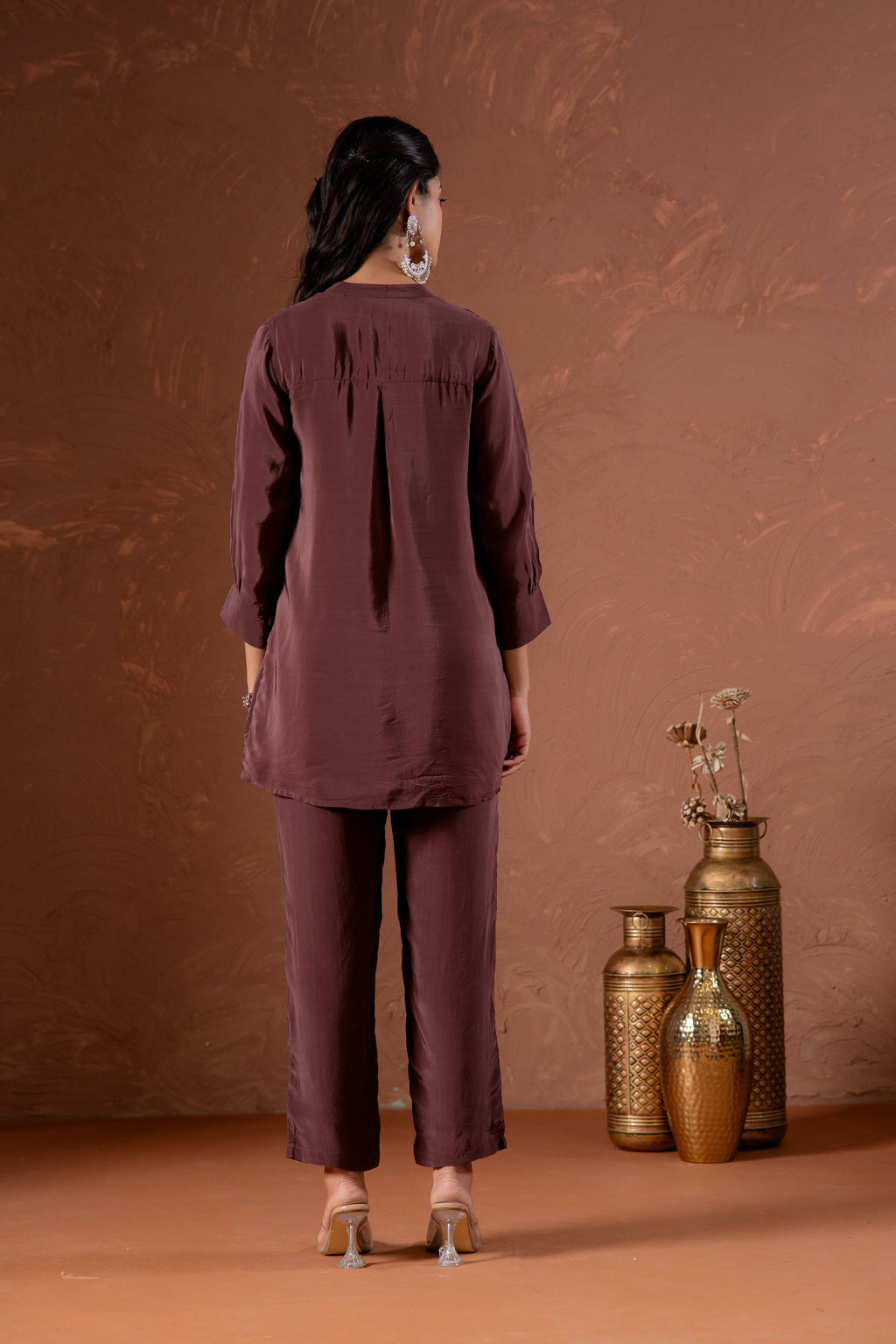 Juniper Coffee Brown Embellished Viscose Co-Ord Set With Bead Detailing - Distacart