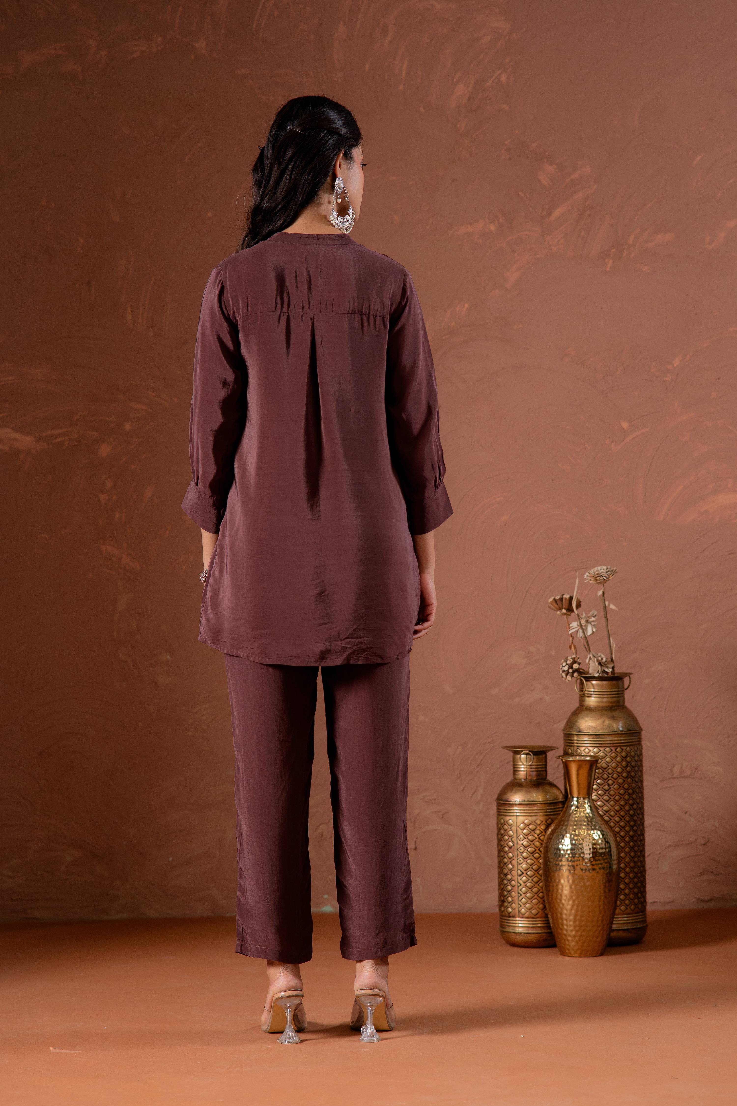 Juniper Coffee Brown Embellished Viscose Co-Ord Set With Bead Detailing - Distacart
