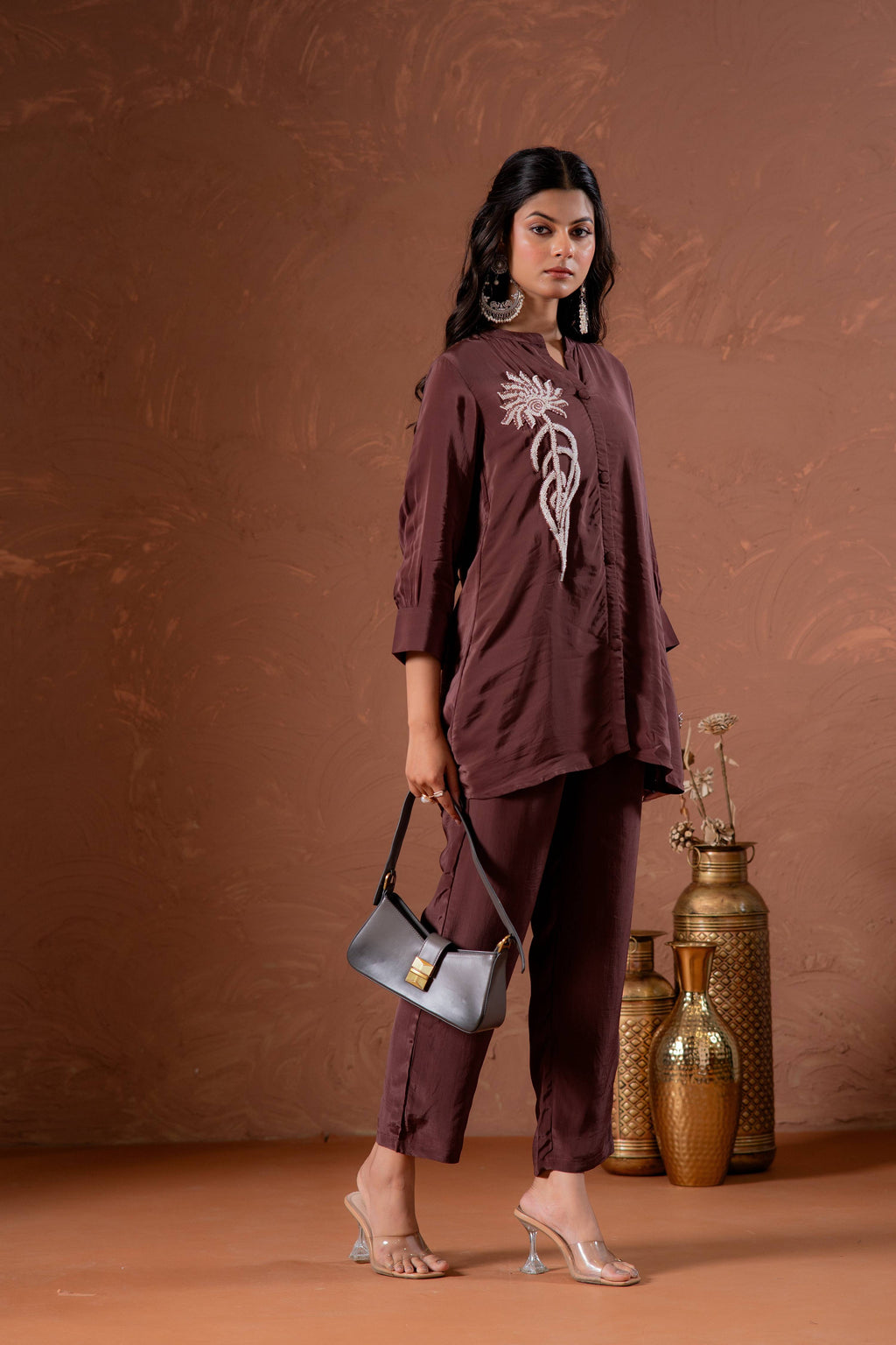 Juniper Coffee Brown Embellished Viscose Co-Ord Set With Bead Detailing - Distacart