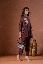 Juniper Coffee Brown Embellished Viscose Co-Ord Set With Bead Detailing - Distacart