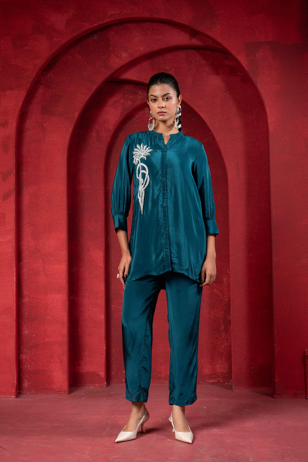 Juniper Teal Embellished Viscose Co-Ord Set With Bead Detailing - Distacart