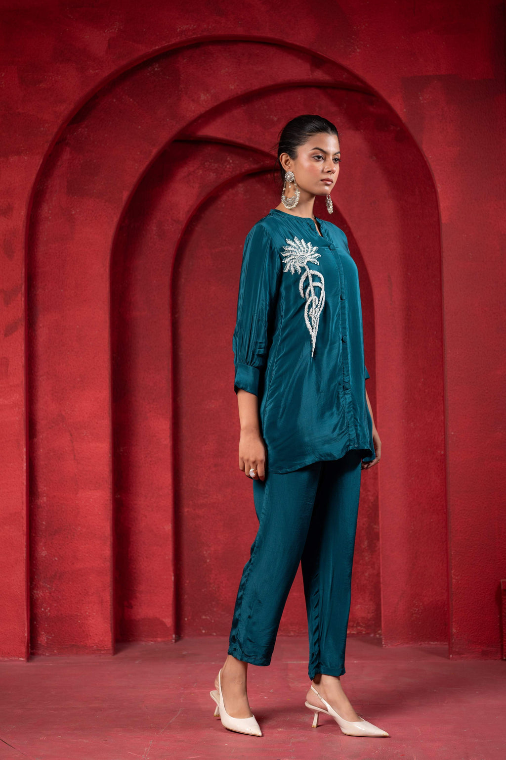 Juniper Teal Embellished Viscose Co-Ord Set With Bead Detailing - Distacart