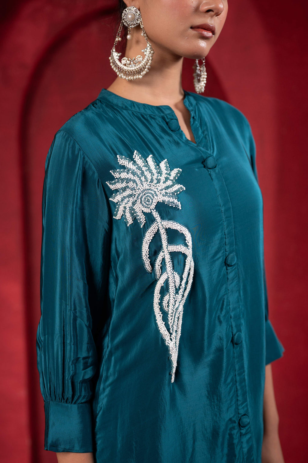 Juniper Teal Embellished Viscose Co-Ord Set With Bead Detailing - Distacart