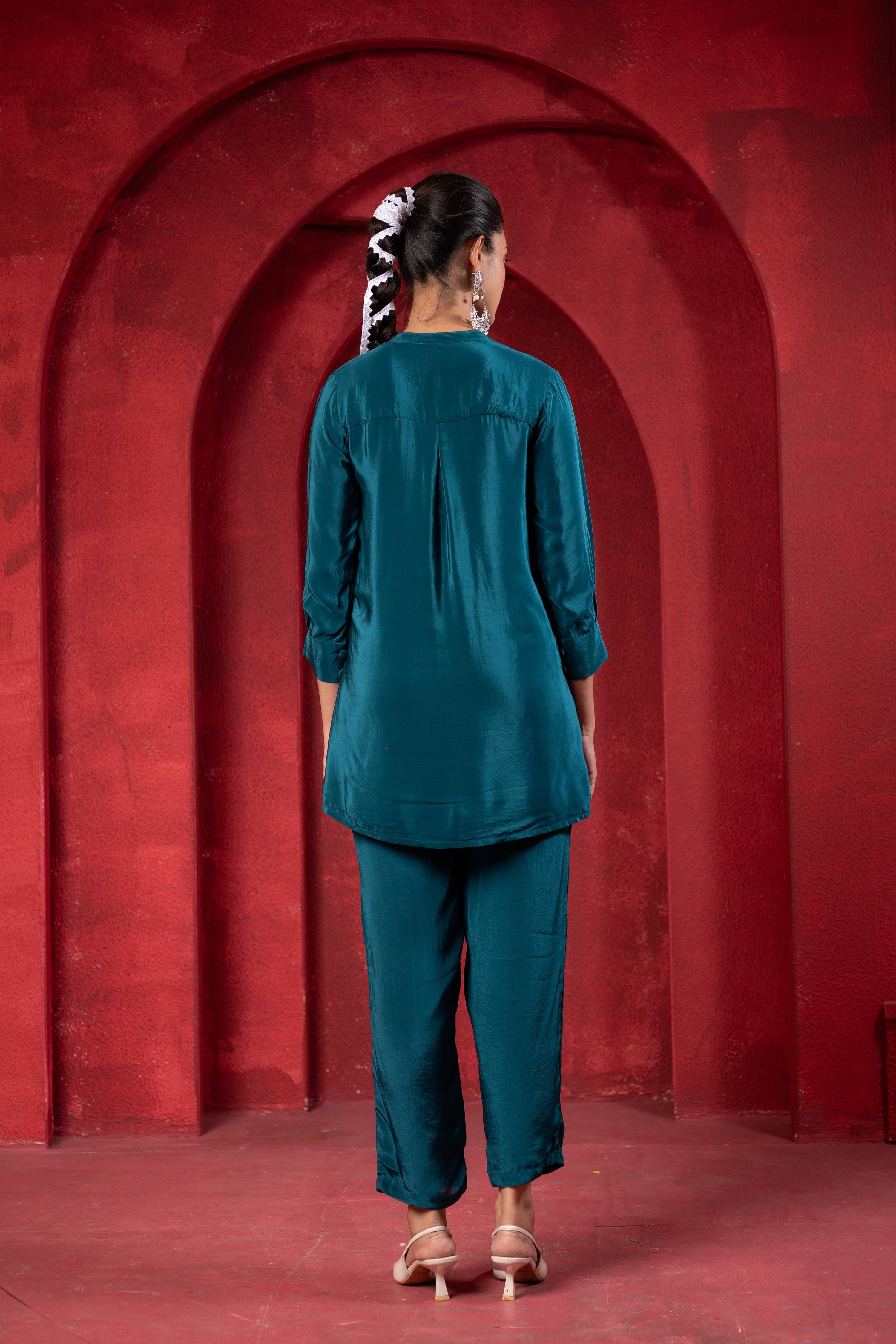 Juniper Teal Embellished Viscose Co-Ord Set With Bead Detailing - Distacart