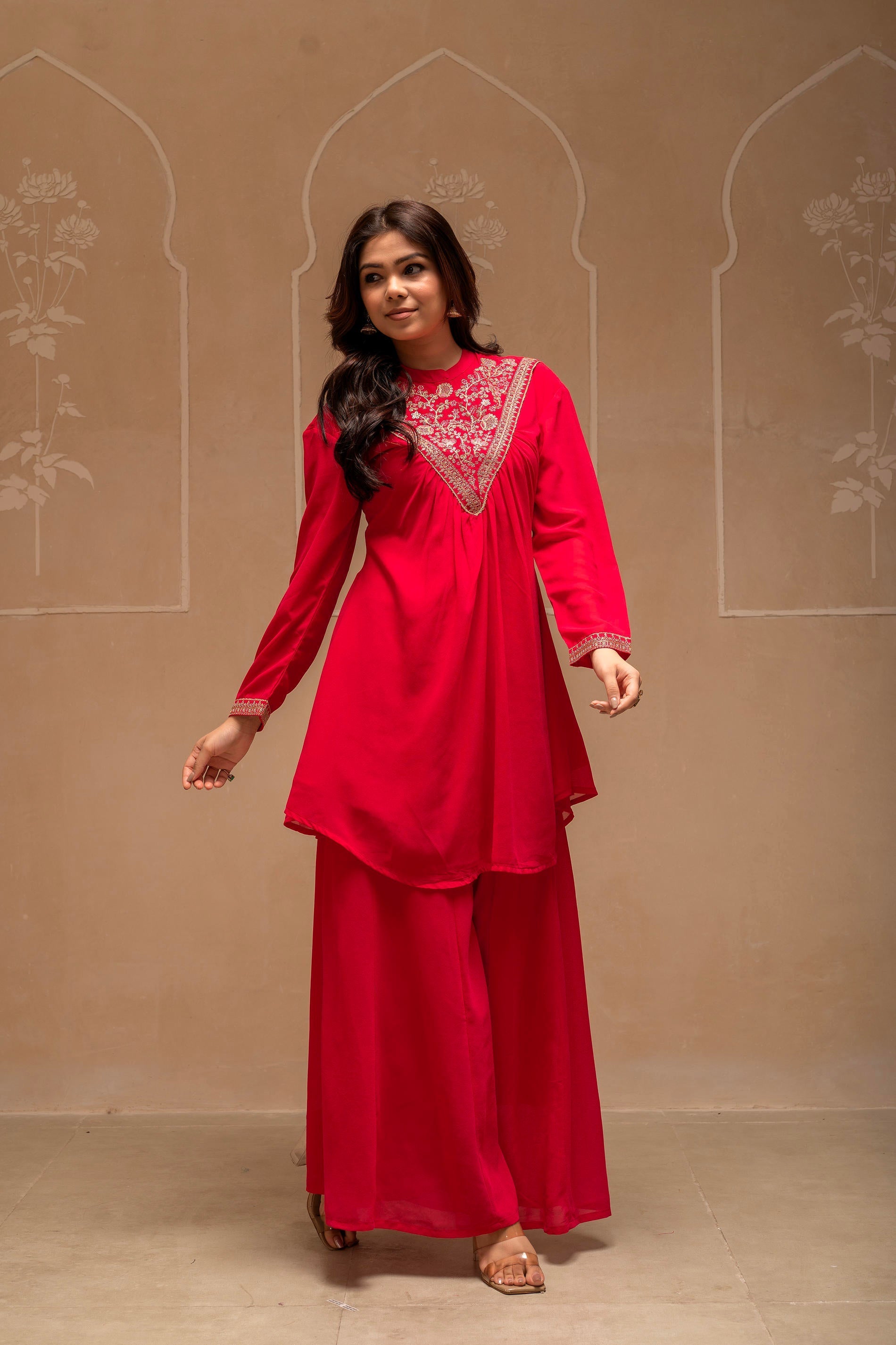 Juniper Fuchsia Solid Poly Georgette Tunic And Sharara Co-Ord Set With Sequence And Zari Work - Distacart